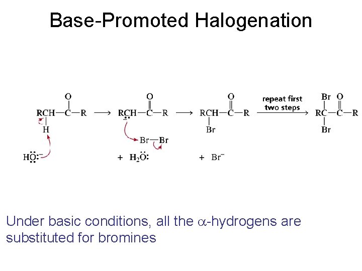 Base-Promoted Halogenation Under basic conditions, all the a-hydrogens are substituted for bromines 