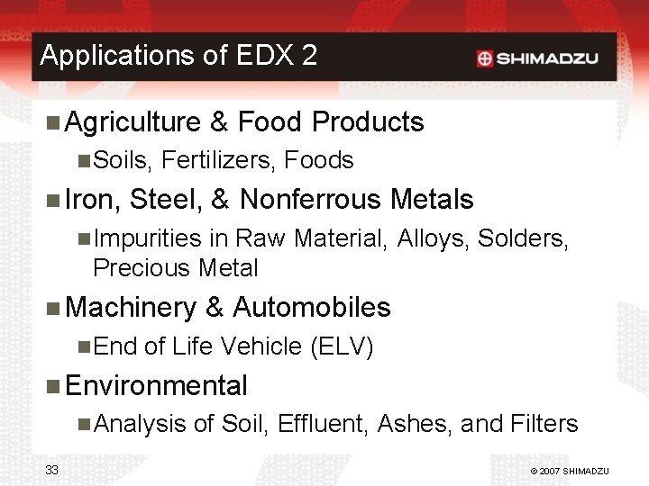Applications of EDX 2 Agriculture & Food Products Soils, Fertilizers, Foods Iron, Steel, &