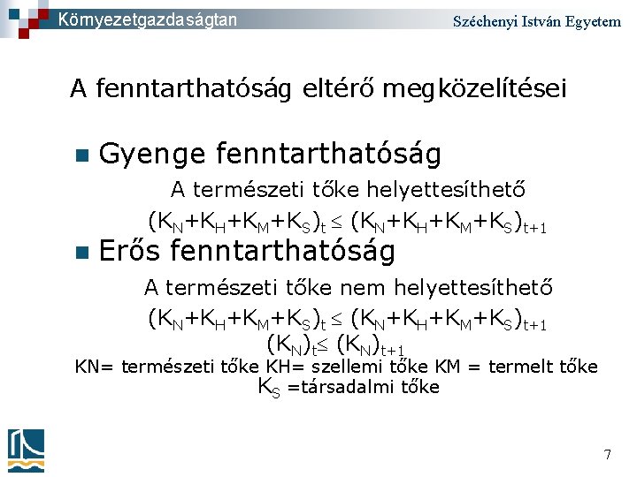 Környezetgazdaságtan Széchenyi István Egyetem A fenntarthatóság eltérő megközelítései n Gyenge fenntarthatóság A természeti tőke