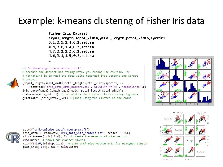 Example: k-means clustering of Fisher Iris data Fisher Iris Dataset sepal_length, sepal_width, petal_length, petal_width,