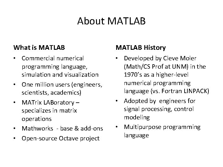About MATLAB What is MATLAB History • Commercial numerical programming language, simulation and visualization