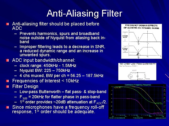 Anti-Aliasing Filter Anti-aliasing filter should be placed before ADC – Prevents harmonics, spurs and Anti-Aliasing Filter Anti-aliasing filter should be placed before ADC – Prevents harmonics, spurs and
