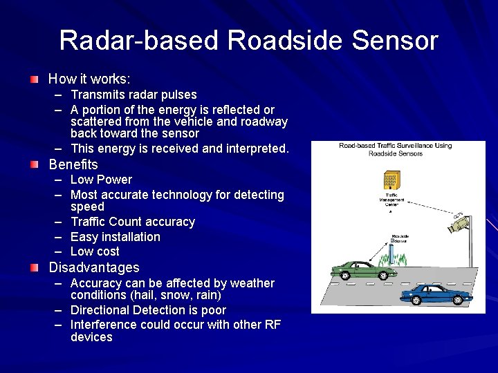 Radar-based Roadside Sensor How it works: – Transmits radar pulses – A portion of Radar-based Roadside Sensor How it works: – Transmits radar pulses – A portion of
