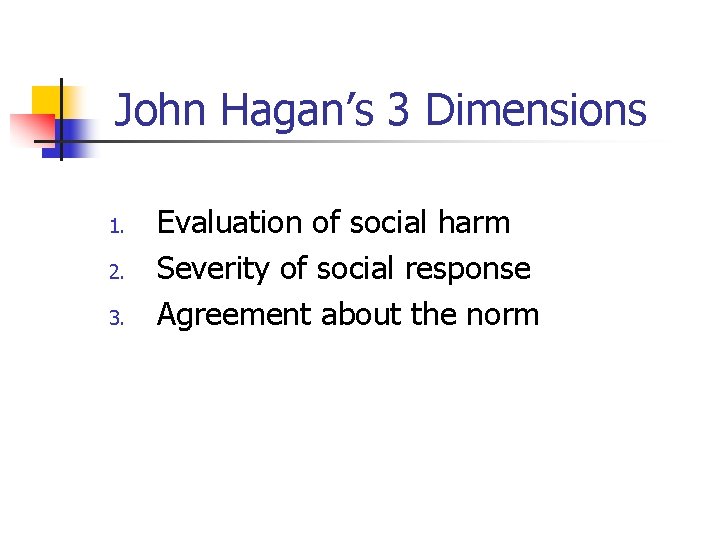 John Hagan’s 3 Dimensions 1. 2. 3. Evaluation of social harm Severity of social John Hagan’s 3 Dimensions 1. 2. 3. Evaluation of social harm Severity of social