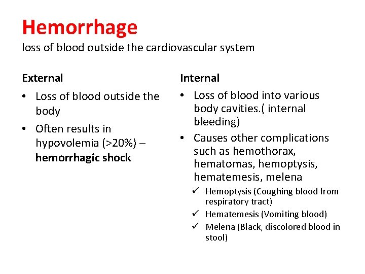 Hemorrhage loss of blood outside the cardiovascular system External • Loss of blood outside