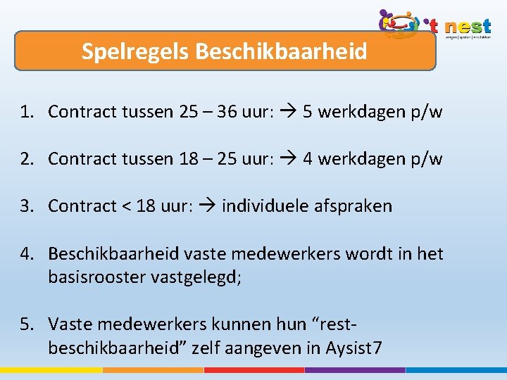 Spelregels Beschikbaarheid 1. Contract tussen 25 – 36 uur: 5 werkdagen p/w 2. Contract