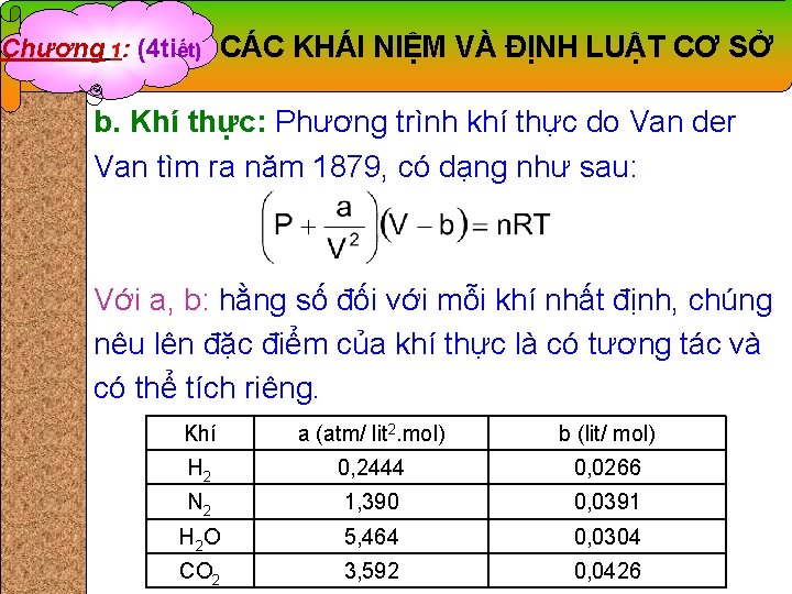 Chương 1: (4 tiết) CÁC KHÁI NIỆM VÀ ĐỊNH LUẬT CƠ SỞ b. Khí