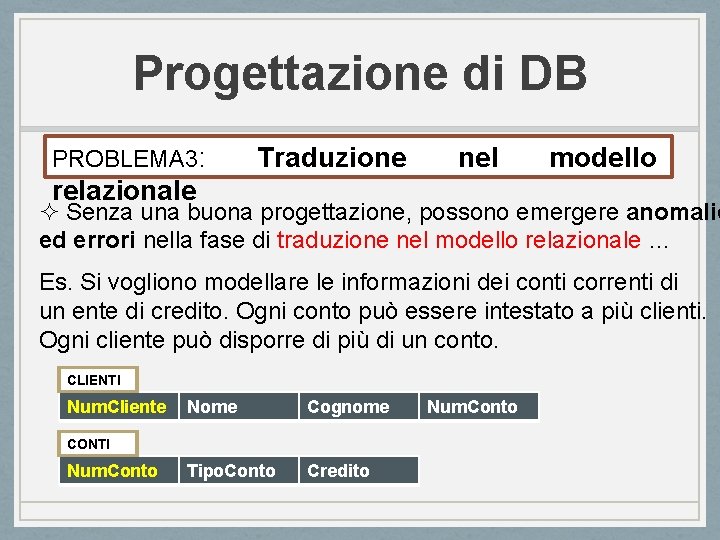 Progettazione di DB PROBLEMA 3: Traduzione nel modello relazionale ² Senza una buona progettazione,