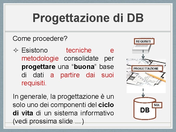 Progettazione di DB Come procedere? ² Esistono tecniche e metodologie consolidate per progettare una