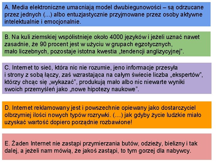 A. Media elektroniczne umacniają model dwubiegunowości – są odrzucane przez jednych (. . .