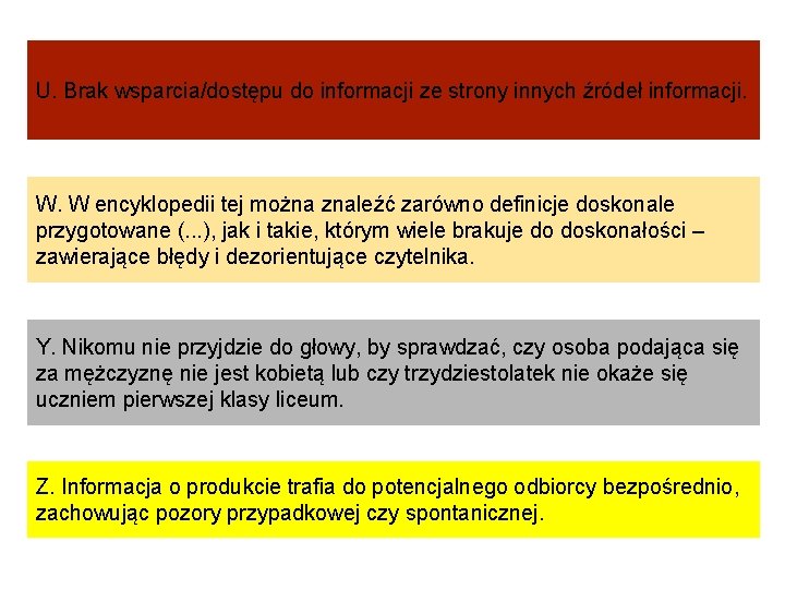 U. Brak wsparcia/dostępu do informacji ze strony innych źródeł informacji. W. W encyklopedii tej