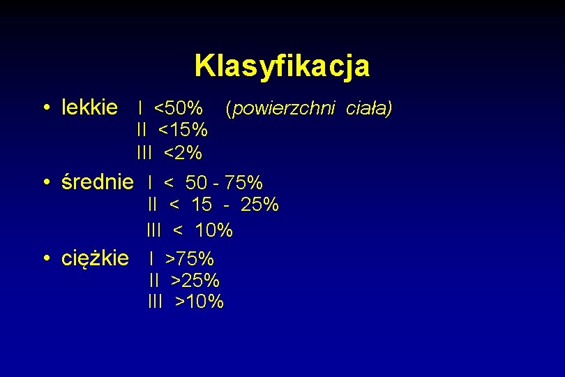 Klasyfikacja • lekkie I <50% (powierzchni ciała) II <15% III <2% • średnie I