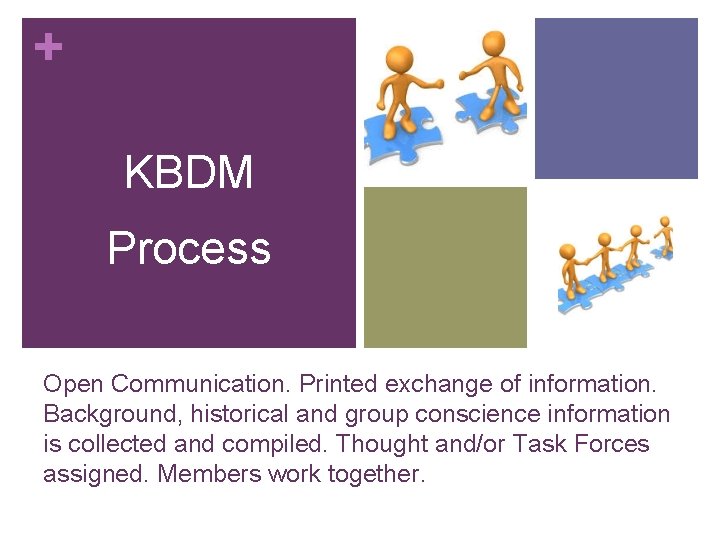 + KBDM Process Open Communication. Printed exchange of information. Background, historical and group conscience