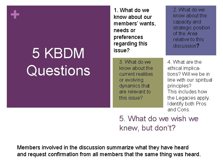 + 5 KBDM Questions 1. What do we know about our members’ wants, needs