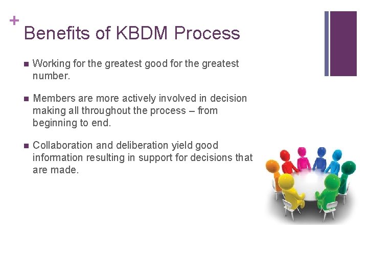 + Benefits of KBDM Process n Working for the greatest good for the greatest