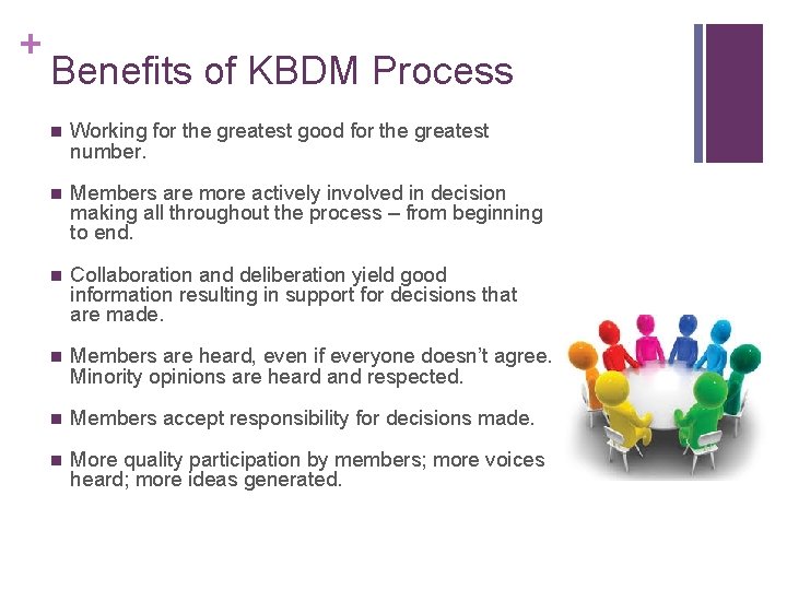 + Benefits of KBDM Process n Working for the greatest good for the greatest