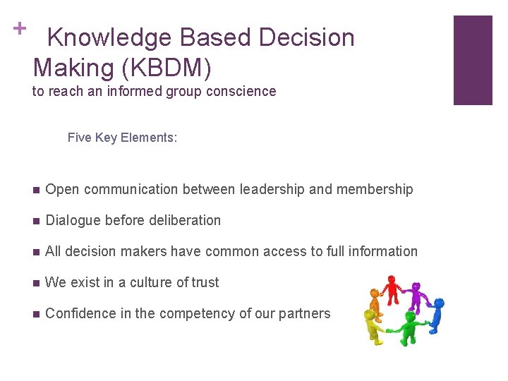 + Knowledge Based Decision Making (KBDM) to reach an informed group conscience Five Key