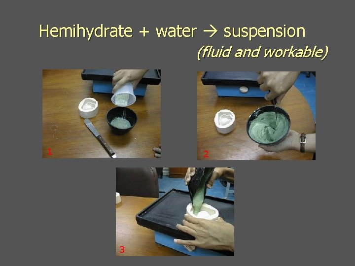 Hemihydrate + water suspension (fluid and workable) 1 2 3 