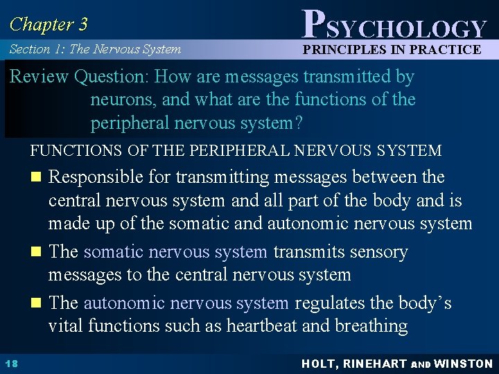 Chapter 3 Section 1: The Nervous System PSYCHOLOGY PRINCIPLES IN PRACTICE Review Question: How