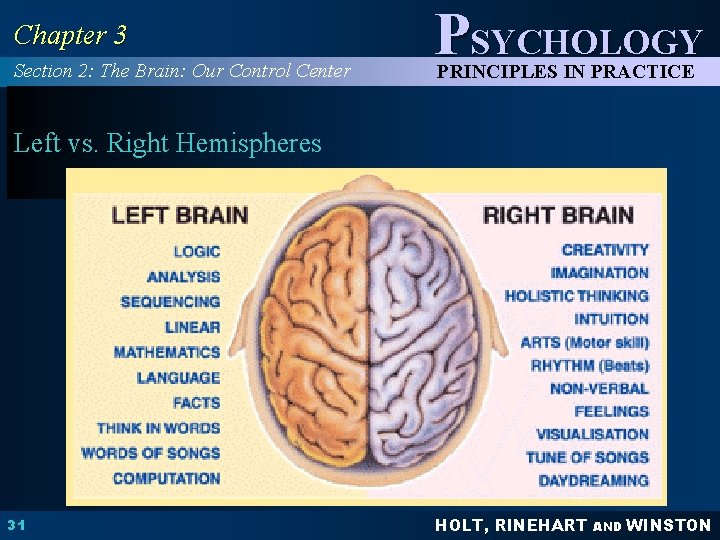 Chapter 3 Section 2: The Brain: Our Control Center PSYCHOLOGY PRINCIPLES IN PRACTICE Left