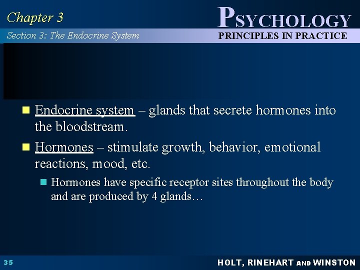 Chapter 3 Section 3: The Endocrine System PSYCHOLOGY PRINCIPLES IN PRACTICE n Endocrine system