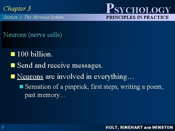 Chapter 3 Section 1: The Nervous System PSYCHOLOGY PRINCIPLES IN PRACTICE Neurons (nerve cells)