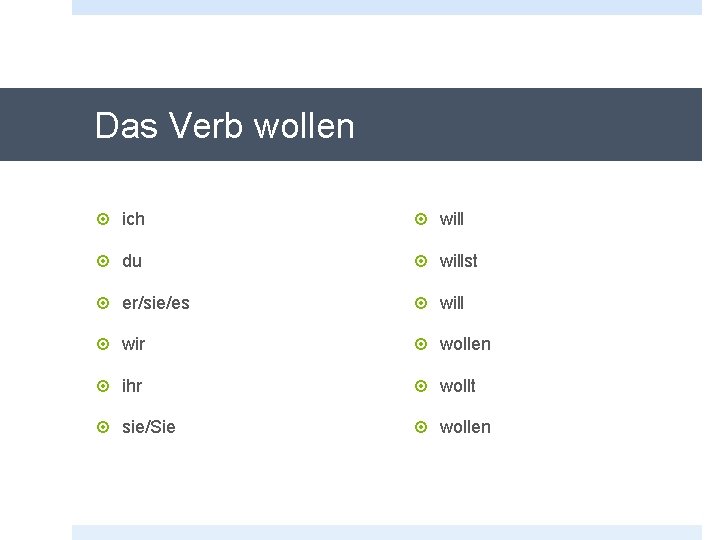 Das Verb wollen ich will du willst er/sie/es will wir wollen ihr wollt sie/Sie