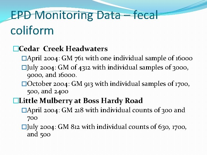 EPD Monitoring Data – fecal coliform �Cedar Creek Headwaters �April 2004: GM 761 with