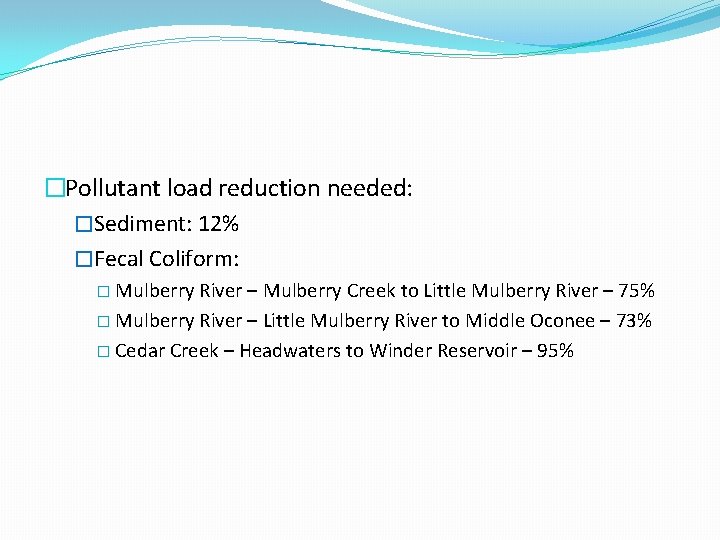 �Pollutant load reduction needed: �Sediment: 12% �Fecal Coliform: � Mulberry River – Mulberry Creek