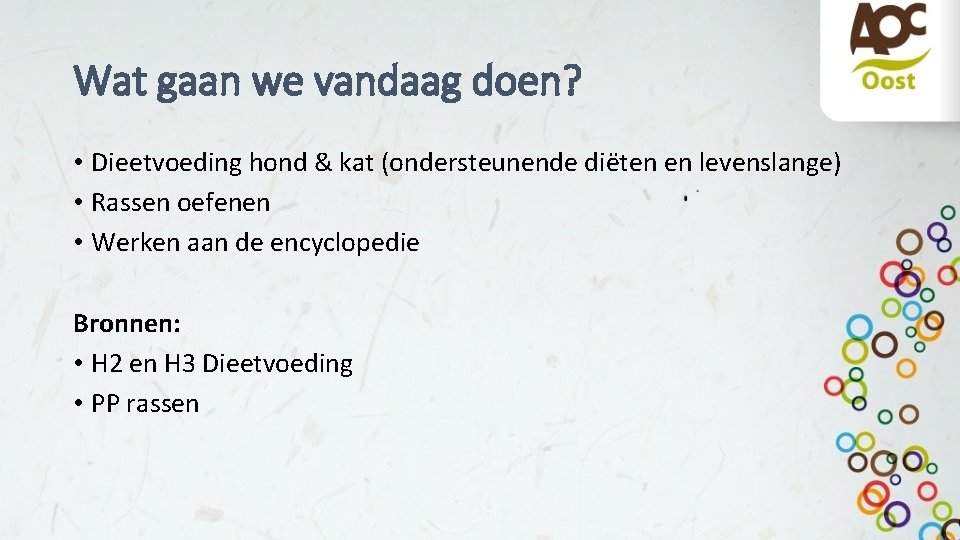 Wat gaan we vandaag doen? • Dieetvoeding hond & kat (ondersteunende diëten en levenslange)