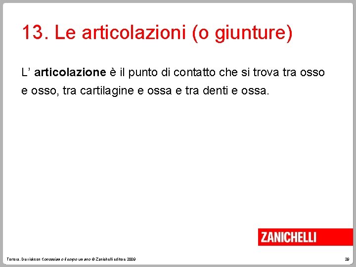 13. Le articolazioni (o giunture) L’ articolazione è il punto di contatto che si