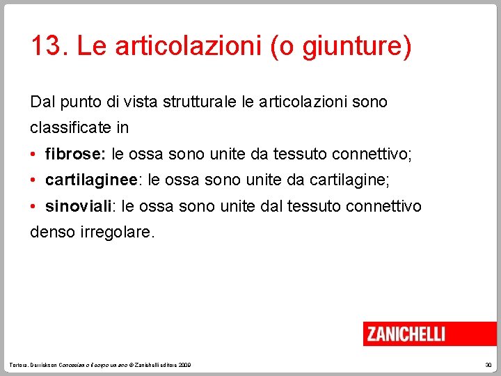 13. Le articolazioni (o giunture) Dal punto di vista strutturale le articolazioni sono classificate