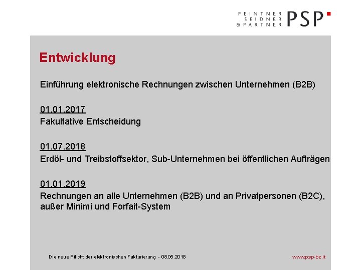 Entwicklung Einführung elektronische Rechnungen zwischen Unternehmen (B 2 B) 01. 2017 Fakultative Entscheidung 01.