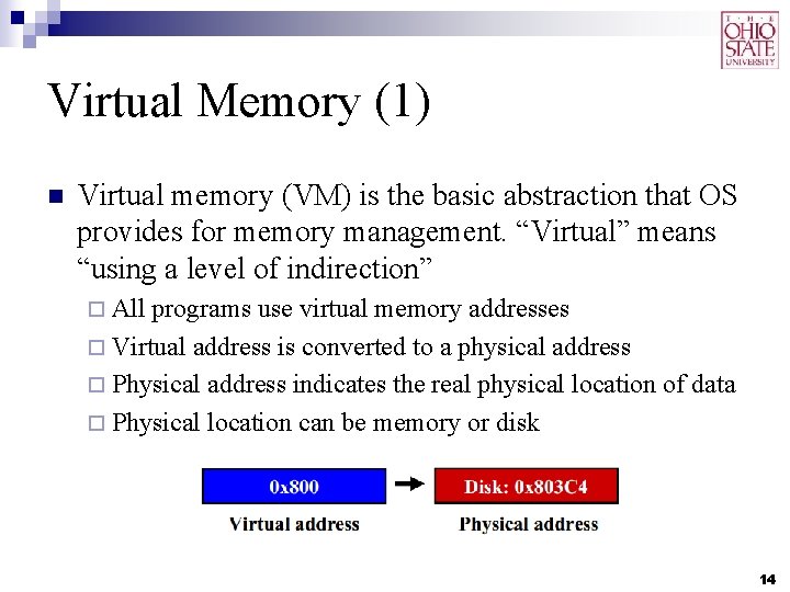 Virtual Memory (1) n Virtual memory (VM) is the basic abstraction that OS provides