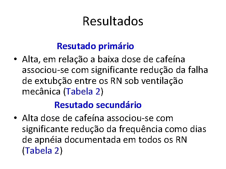 Resultados Resutado primário • Alta, em relação a baixa dose de cafeína associou-se com