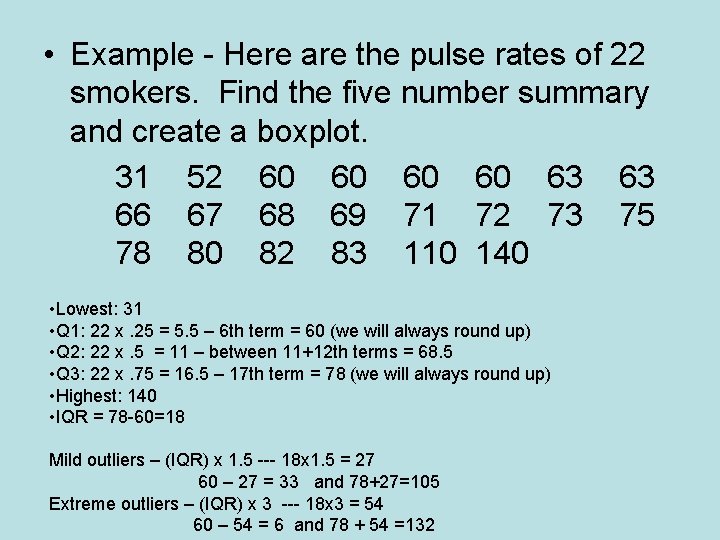  • Example - Here are the pulse rates of 22 smokers. Find the