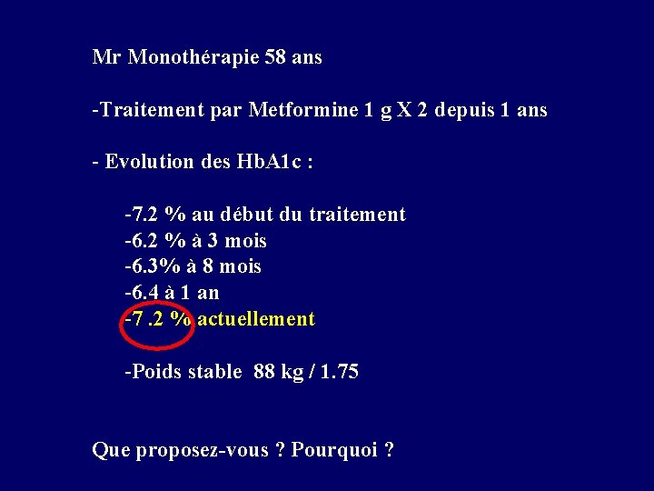 Mr Monothérapie 58 ans -Traitement par Metformine 1 g X 2 depuis 1 ans