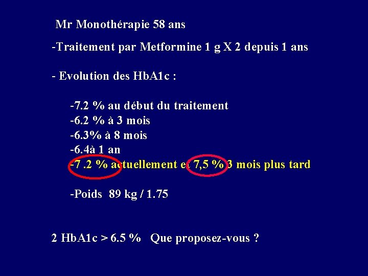 Mr Monothérapie 58 ans -Traitement par Metformine 1 g X 2 depuis 1 ans