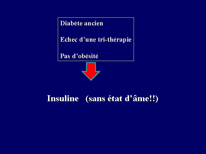 Diabète ancien Echec d’une tri-thérapie Pas d’obésité Insuline (sans état d’âme!!) 