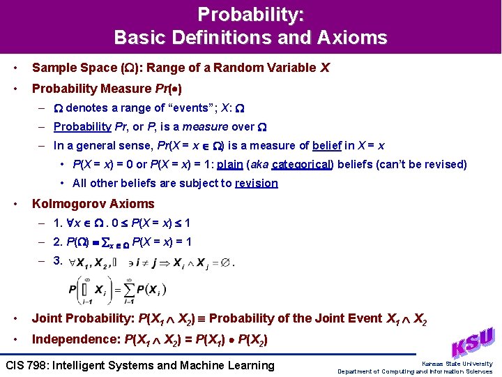 Probability: Basic Definitions and Axioms • Sample Space ( ): Range of a Random