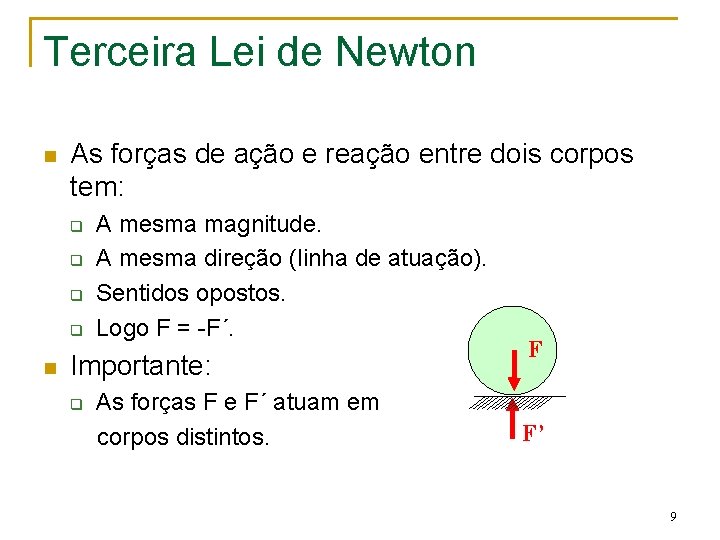 Terceira Lei de Newton n As forças de ação e reação entre dois corpos Terceira Lei de Newton n As forças de ação e reação entre dois corpos
