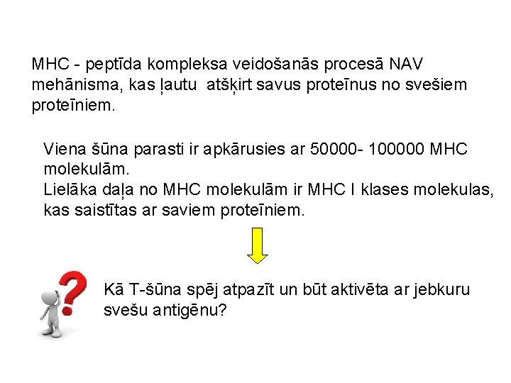 MHC - peptīda kompleksa veidošanās procesā NAV mehānisma, kas ļautu atšķirt savus proteīnus no