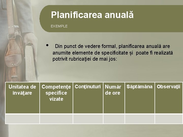 Planificarea anuală EXEMPLE • Din punct de vedere formal, planificarea anuală are anumite elemente