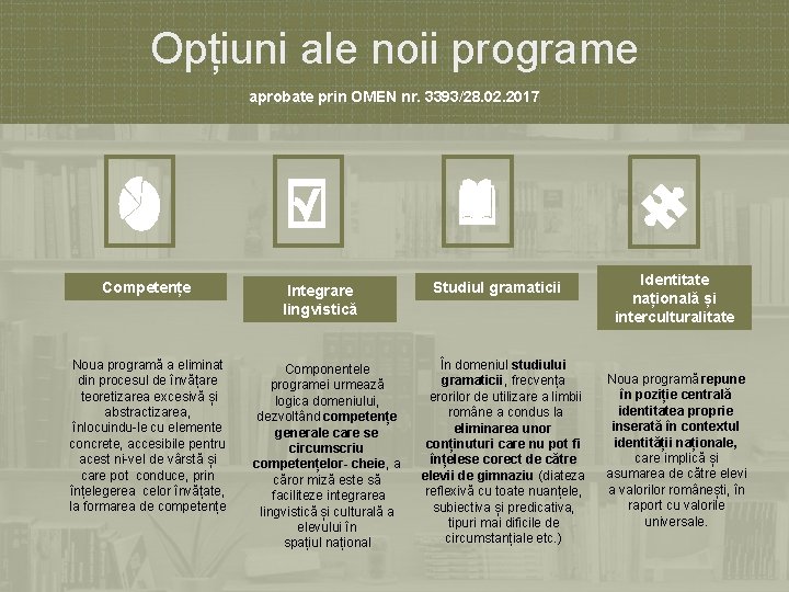 Opțiuni ale noii programe aprobate prin OMEN nr. 3393/28. 02. 2017 Competențe Noua programă
