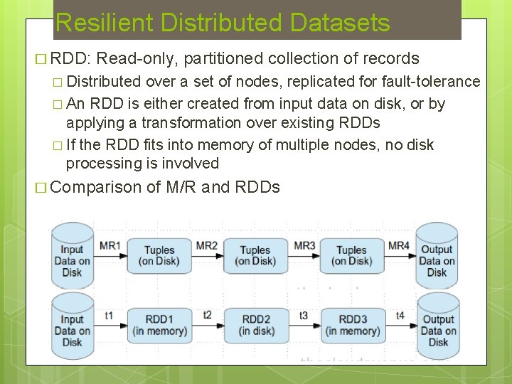 Resilient Distributed Datasets � RDD: Read-only, partitioned collection of records � Distributed over a