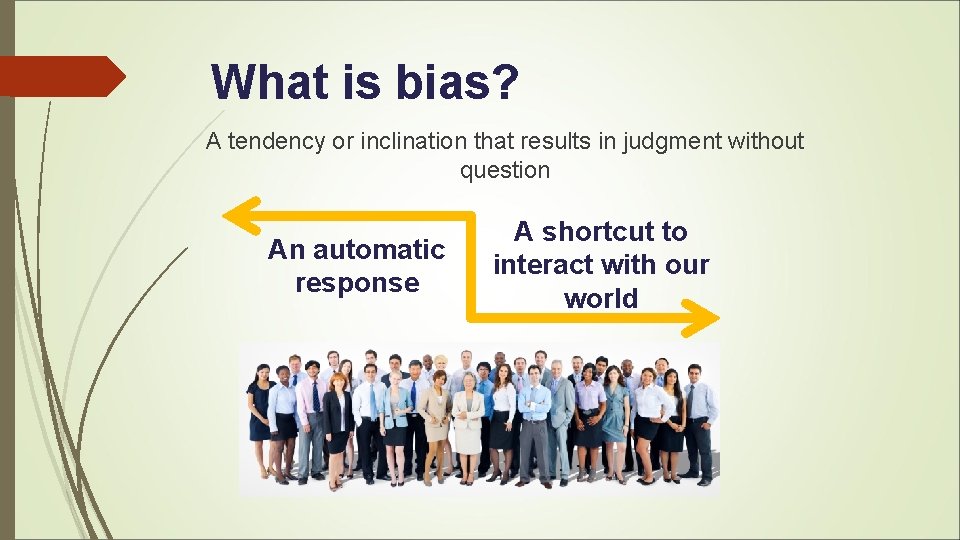 What is bias? A tendency or inclination that results in judgment without question An