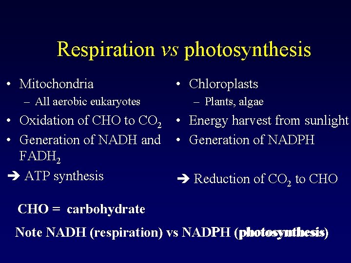 Respiration vs photosynthesis • Mitochondria – All aerobic eukaryotes • Oxidation of CHO to