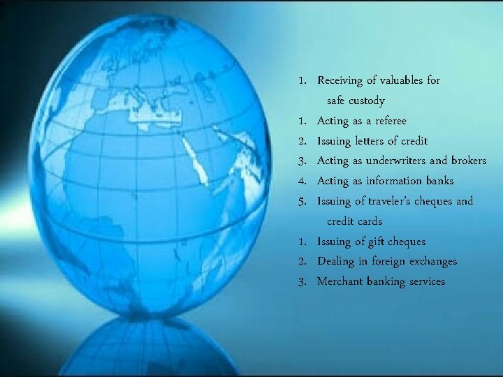 1. Receiving of valuables for safe custody 1. Acting as a referee 2. Issuing 1. Receiving of valuables for safe custody 1. Acting as a referee 2. Issuing