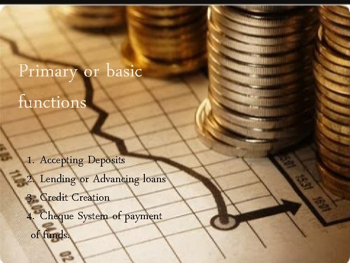 Primary or basic functions 1. Accepting Deposits 2. Lending or Advancing loans 3. Credit Primary or basic functions 1. Accepting Deposits 2. Lending or Advancing loans 3. Credit