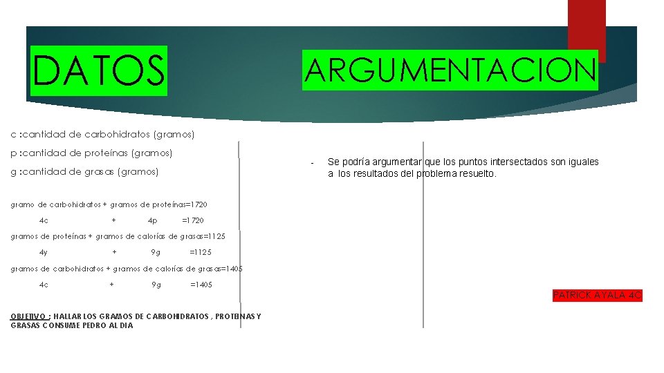 DATOS ARGUMENTACION c : cantidad de carbohidratos (gramos) p : cantidad de proteínas (gramos)